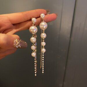 Cute Korean Style Faux Pearl & Rhinestone Long Tassel Earrings Drop Earrings 3"